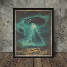 Listing image for Vintage UFO LIGHTNING STORM Wall Art, Sci-fi Alien Poster, UAP Desert Decor